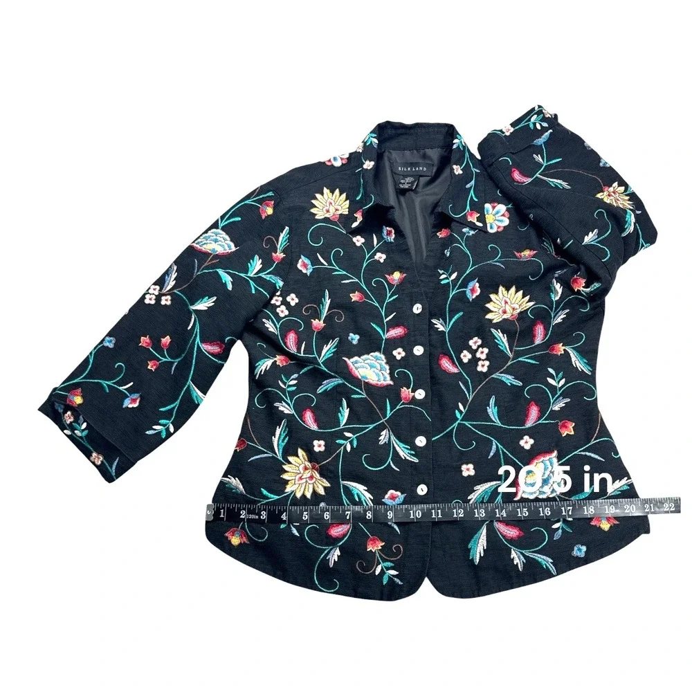 Silk Land Women's L Black 100% Silk Floral Embroidered Jacket 3/4 Sleeve